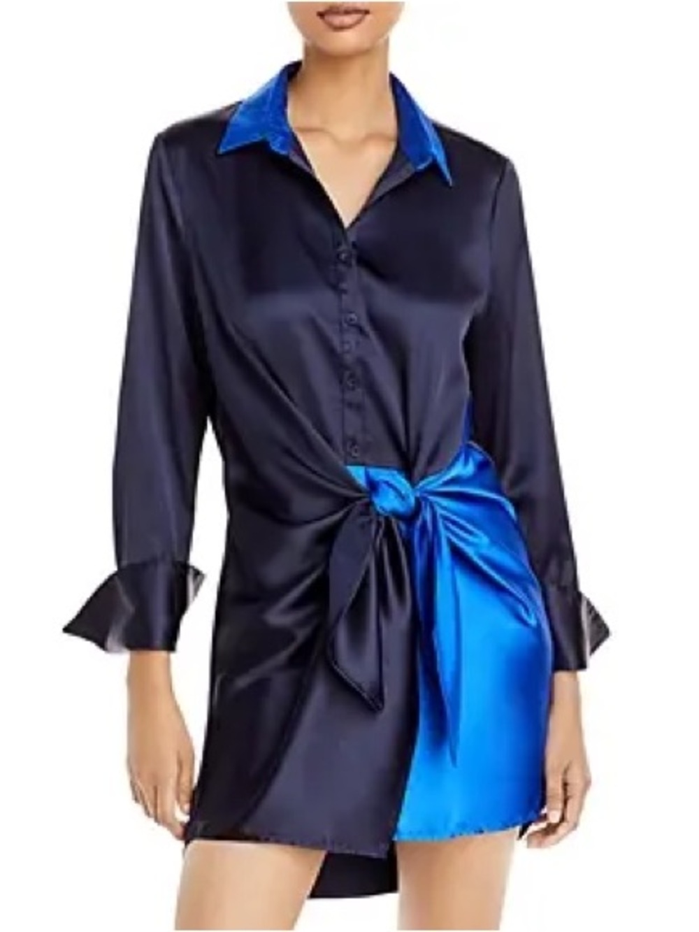 Aqua Color Block Satin Tie-Front Shirt Mini Dress